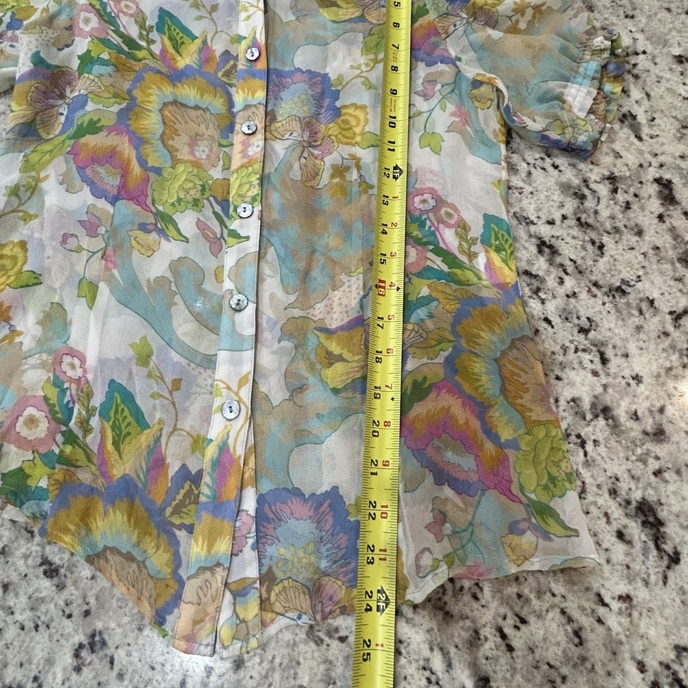 100% Silk Sheer Floral Ruffle Short Sleeve Top Blouse Pastel Multicolor Button S - Picture 9 of 9